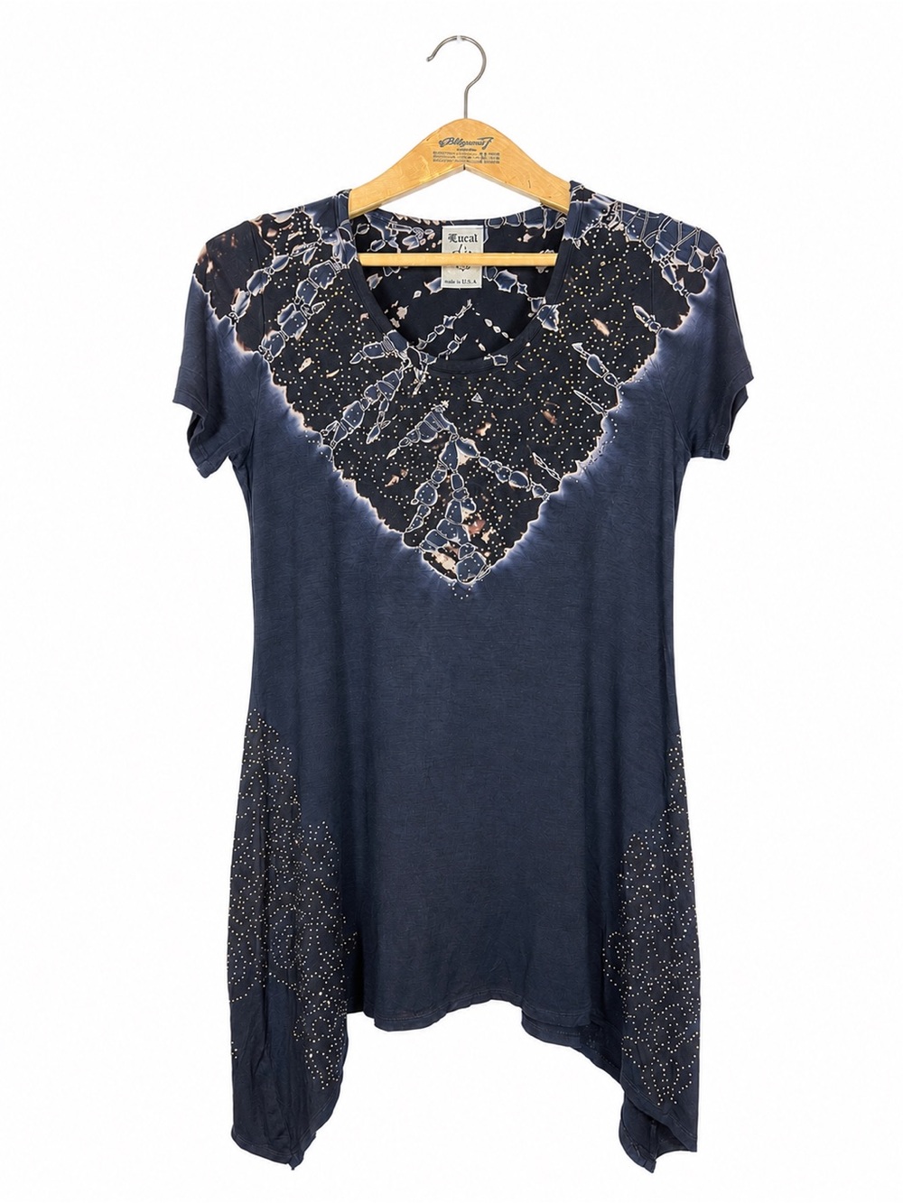 VOCAL Vintage Y2K Tie Dye Rhinestone Tunic Top Blue Gray Boho Western Size L